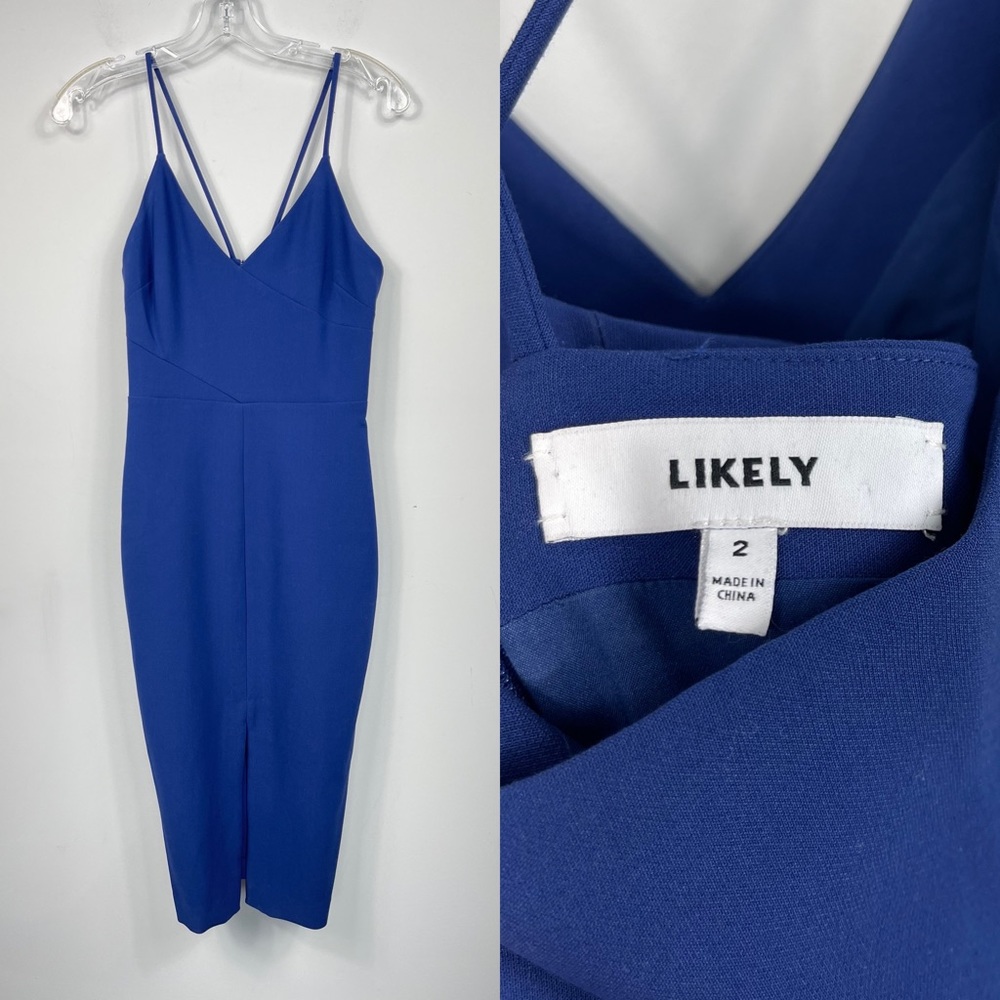 LIKELY Brooklyn Cocktail Dress Blue Midi Bodycon Strappy Sexy Front Slit Revolve - Picture 6 of 16